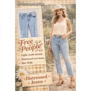 Free People Distressed Raw Hem Skinny Jeans W28 Light Wash